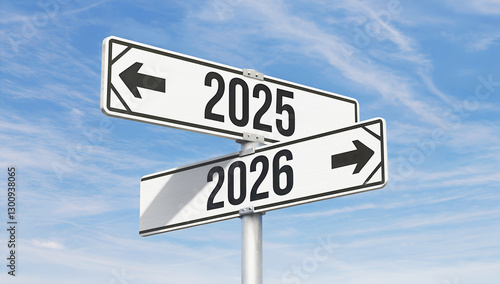Future Direction: Street Signs Pointing to 2025 and 2026 Against a Cloudy Sky – A Concept of Choices, Change, and Progress