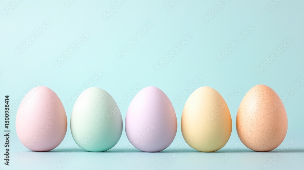 Five Pastel Colored Easter Eggs in a Row on a Light Blue Background Five Pastel Colored Easter Eggs in a Row on a Light Blue Background