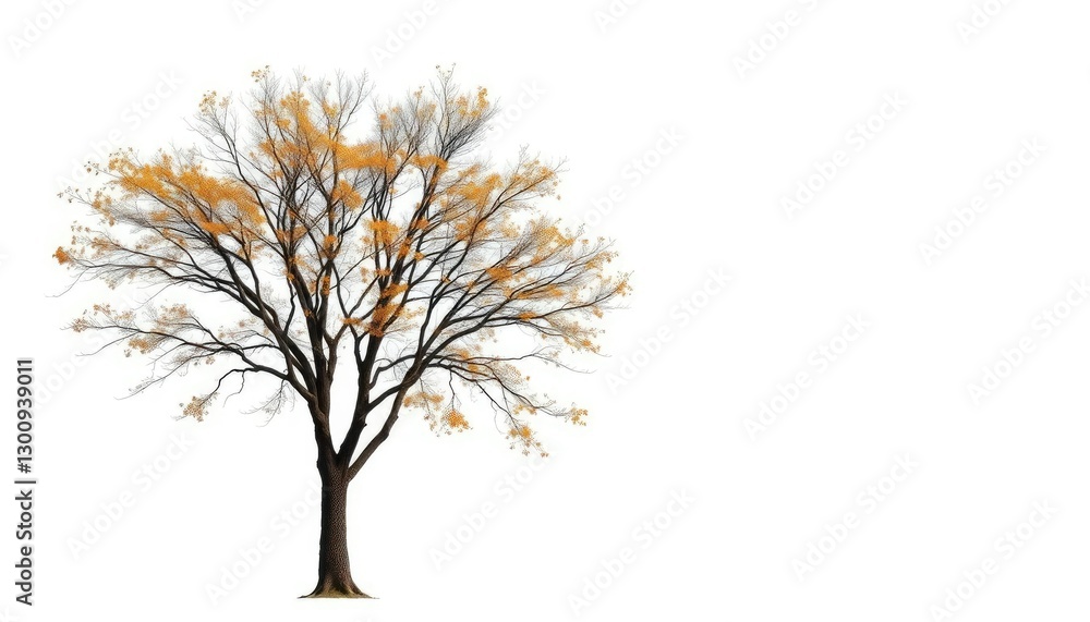 Obraz premium Lone deciduous tree, branches reaching skyward, stark white backdrop, serene, picture