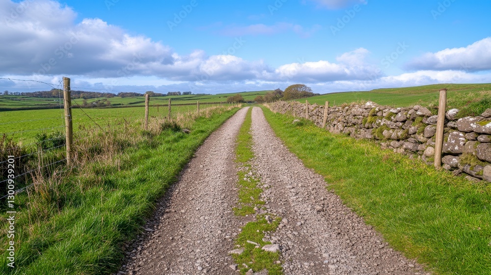 Obraz premium Gravel Road Through Green Fields and Stone Walls Under a Blue Sky