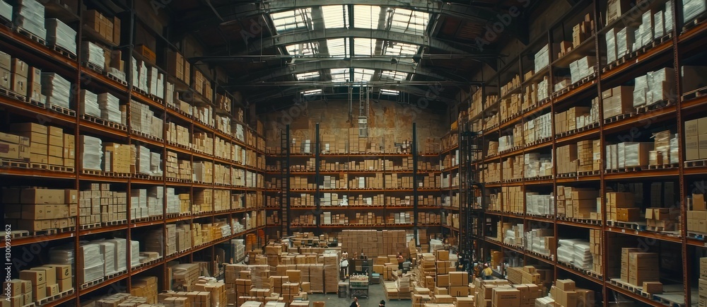 Fototapeta premium Warehouse interior, workers stocking shelves, high volume inventory, overhead view