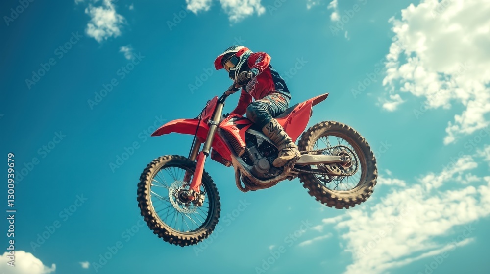 Motocross rider flying high, performing a jump on a motocross track against a vibrant blue sky Motocross rider flying high, performing a jump on a motocross track against a vibrant blue sky