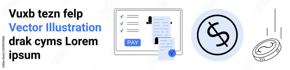 Payment receipt, banknotes, dollar coin, and falling coin lines convey financial transactions, digital finance, billing systems. Ideal for fintech apps, online transactions, e-commerce budgeting Payment receipt, banknotes, dollar coin, and falling coin lines convey financial transactions, digital finance, billing systems. Ideal for fintech apps, online transactions, e-commerce budgeting