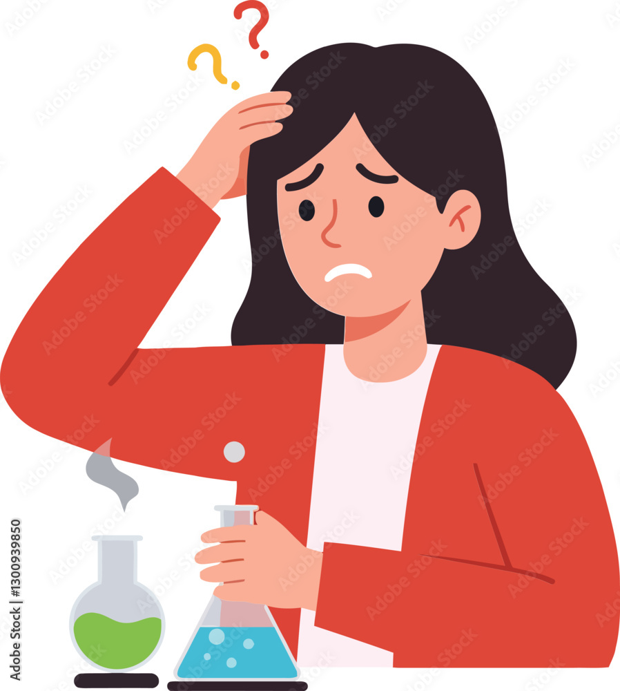 A worried woman in a red jacket holding a flask with green liquid, displaying confusion in a minimal, flat design vector illustration