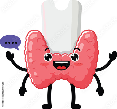 Cheerful cartoon thyroid gland character with arms and a speech bubble, minimal style, promoting health awareness in a playful tone, vector art