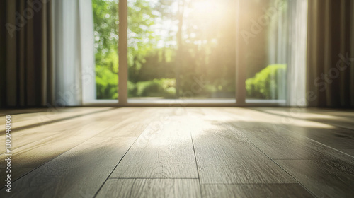 Sunlight streaming through window onto wooden flooring