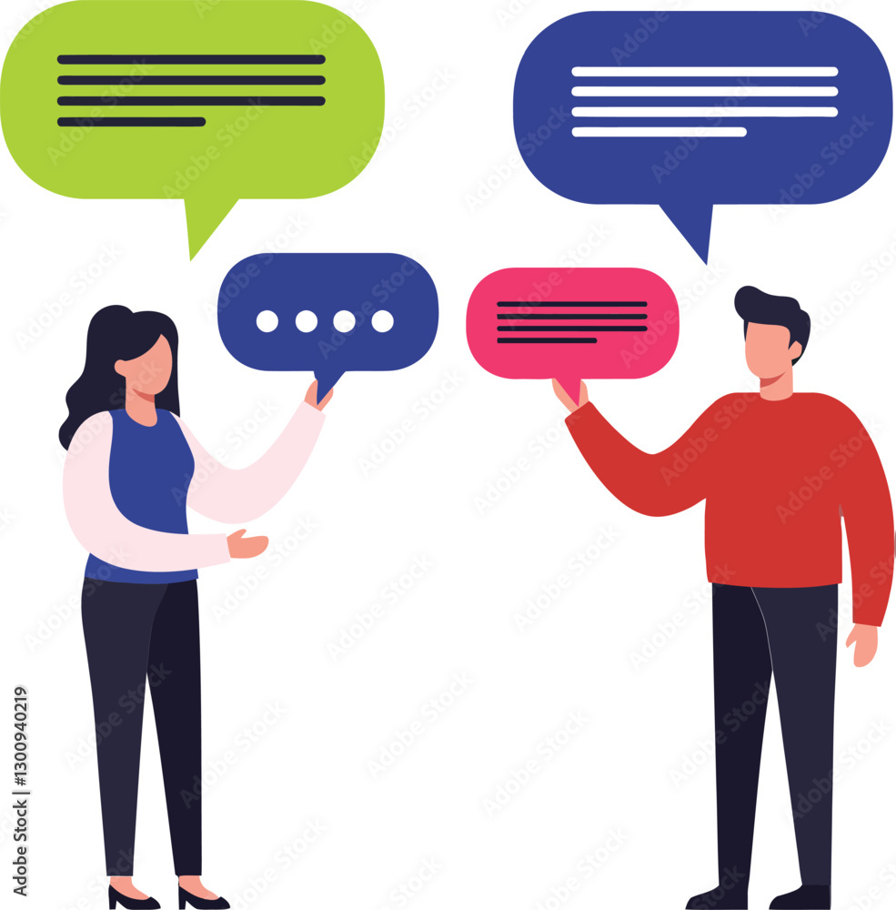 Two people engaging in conversation with colorful speech bubbles in a minimal flat design vector illustration