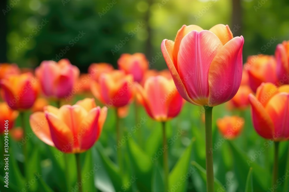 Pink-orange tulip blooms in garden with lush greenery, garden, natural Pink-orange tulip blooms in garden with lush greenery, garden, natural