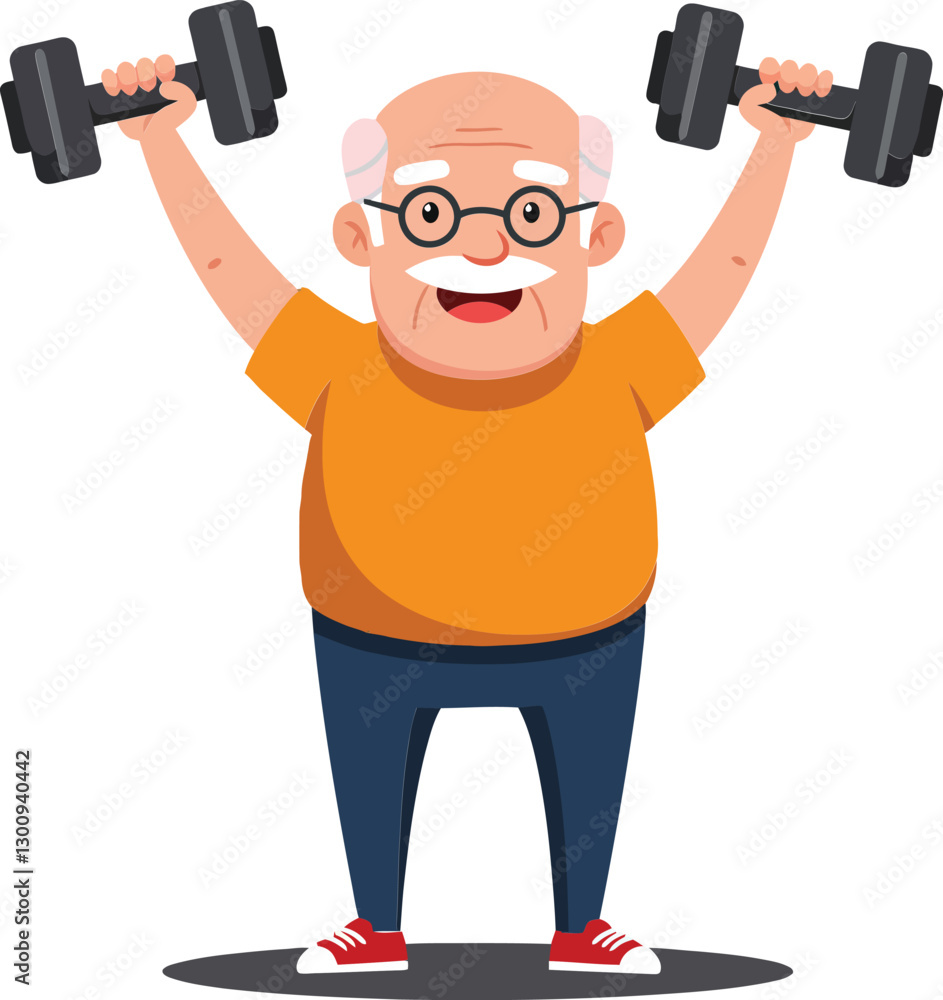 Cheerful elderly man lifting dumbbells in a minimal style, showcasing fitness and vitality, embodying joy and health in vector illustration Cheerful elderly man lifting dumbbells in a minimal style, showcasing fitness and vitality, embodying joy and health in vector illustration