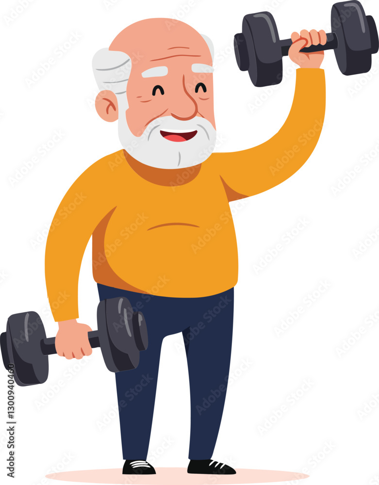 Cheerful elderly man lifting dumbbells in a bright yellow shirt, showcasing strength and vitality in a playful flat vector illustration Cheerful elderly man lifting dumbbells in a bright yellow shirt, showcasing strength and vitality in a playful flat vector illustration