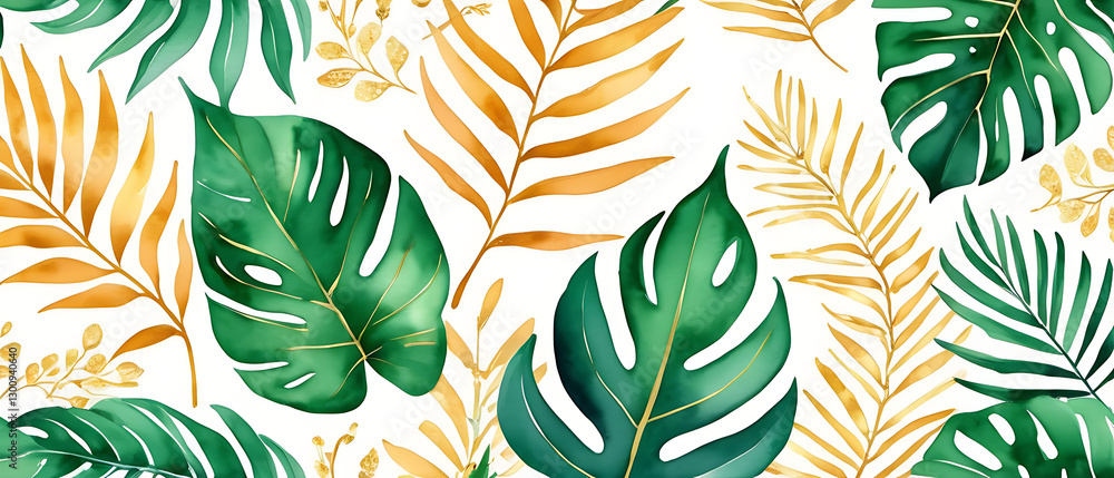 Fototapeta premium Watercolor Green and Gold Tropical Leaves Seamless Pattern Background Design