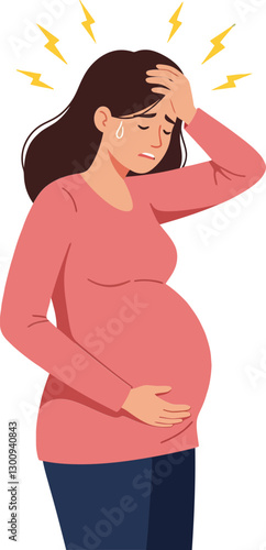 Pregnant woman holding her head in distress with sweat droplets and lightning symbols in a flat vector illustration