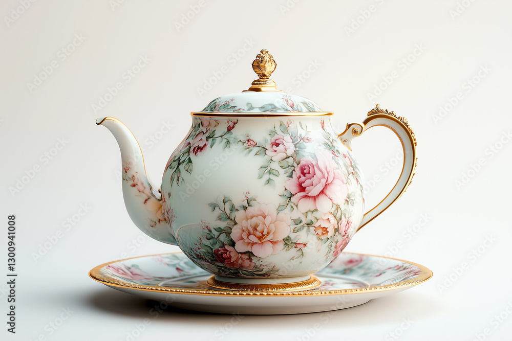 a tea pot and saucer with a flowered design on it, on a saucer plate, on a white background a tea pot and saucer with a flowered design on it, on a saucer plate, on a white background