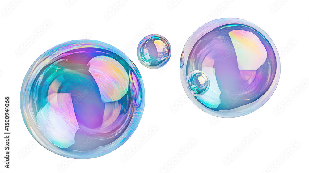 Obraz premium Floating soap bubbles with iridescent colors, isolated on white background