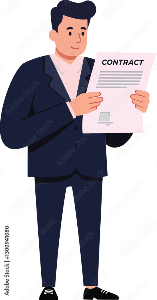 Professional man in a suit examining a contract document with focused expression in a minimal flat vector illustration Professional man in a suit examining a contract document with focused expression in a minimal flat vector illustration