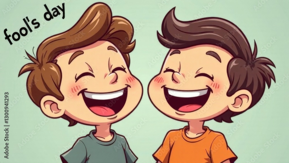 Two happy cartoon boys laughing on fool's day celebration Two happy cartoon boys laughing on fool's day celebration
