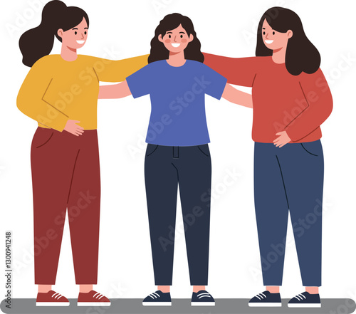 Three diverse women embracing in a supportive group, showcasing friendship and unity in a flat vector illustration