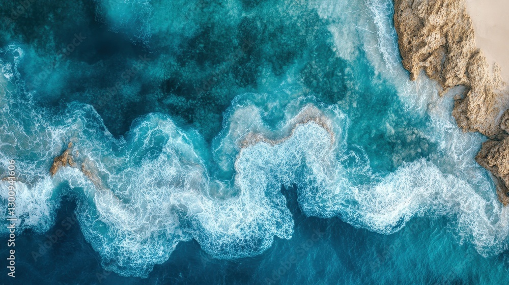 Obraz premium Aerial perspective capturing turquoise waves surging over rugged coastal rocks, revealing dramatic oceanic force and natural splendor