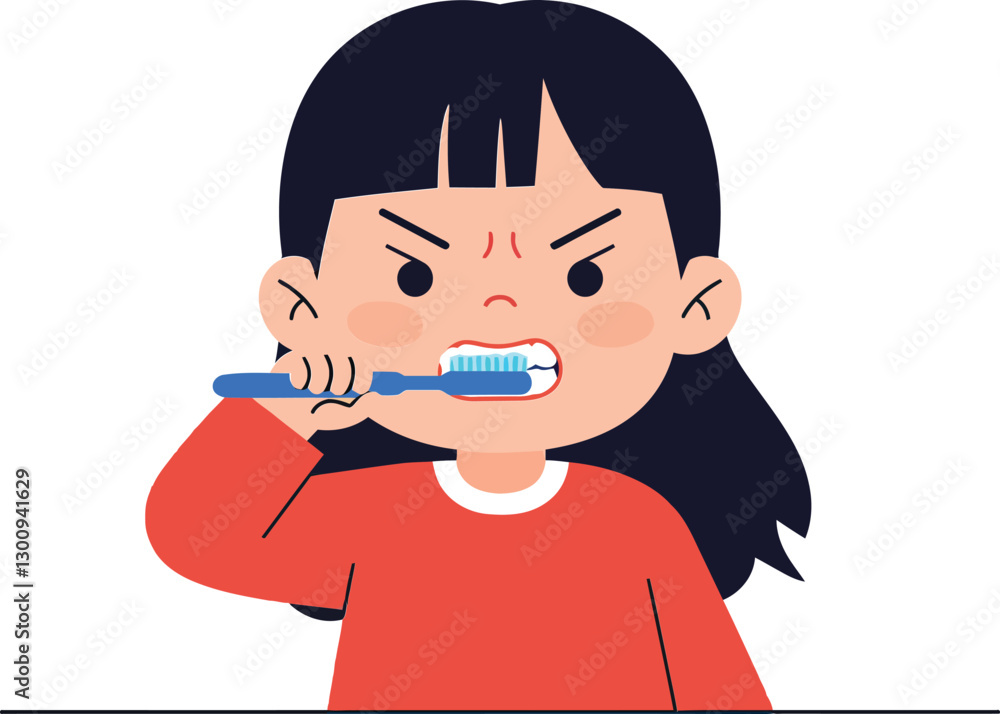 Young girl brushing her teeth with determination in a flat, minimalist design style, showcasing daily hygiene routine in vector art Young girl brushing her teeth with determination in a flat, minimalist design style, showcasing daily hygiene routine in vector art
