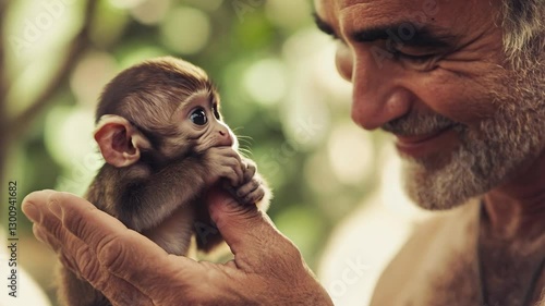 Elderly man joyfully interacting with a baby monkey outdoors in natural light