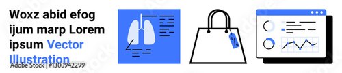 Lungs with medical report, shopping bag with tag, data analytics on screen. Ideal for healthcare, shopping, finance, business, technology marketing education. Perfect for flat landing page banner