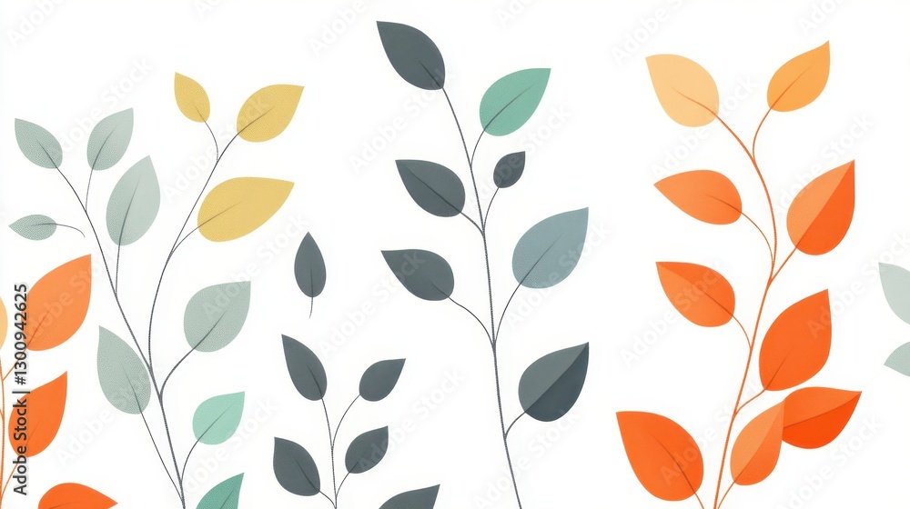 Colorful autumn leaves branching against pristine white surface, showcasing seasonal botanical details with vibrant botanical design and organic textural elements Colorful autumn leaves branching against pristine white surface, showcasing seasonal botanical details with vibrant botanical design and organic textural elements