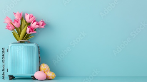 Pastel Pink Tulips in Light Blue Suitcase with Easter Eggs on a Blue Background