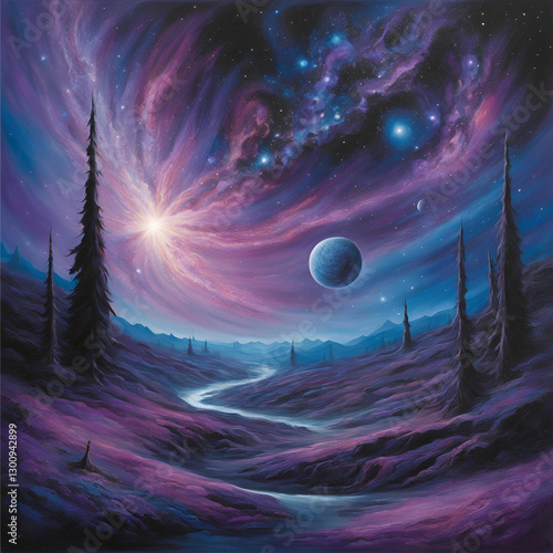 fantasy landscape with moon and stars