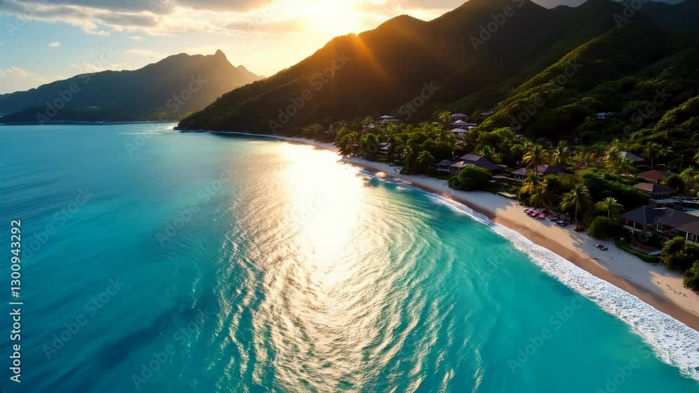 Paradise Found: Aerial View of a Serene Tropical Beach with Turquoise Waters, Soft White Sand, Lush Green Palm Trees, and a Gentle Wave Kissing the Shore. Perfect for Travel, Vacation, and Relaxation Paradise Found: Aerial View of a Serene Tropical Beach with Turquoise Waters, Soft White Sand, Lush Green Palm Trees, and a Gentle Wave Kissing the Shore. Perfect for Travel, Vacation, and Relaxation