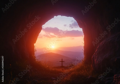 Empty stone tomb with open door and Christian cross at entrance, sunrise light casting golden rays over fabric drapery. Award-winning composition symbolizing resurrection, ideal for Easter religious t
