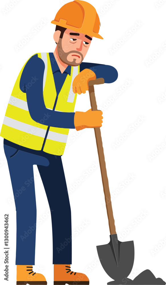 Construction worker in safety gear using a shovel to dig on a worksite in a flat, colorful vector illustration Construction worker in safety gear using a shovel to dig on a worksite in a flat, colorful vector illustration
