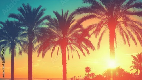 Palm trees silhouetted against sunset sky, creating nostalgic vintage mood with vivid colors and tropical serenity photo