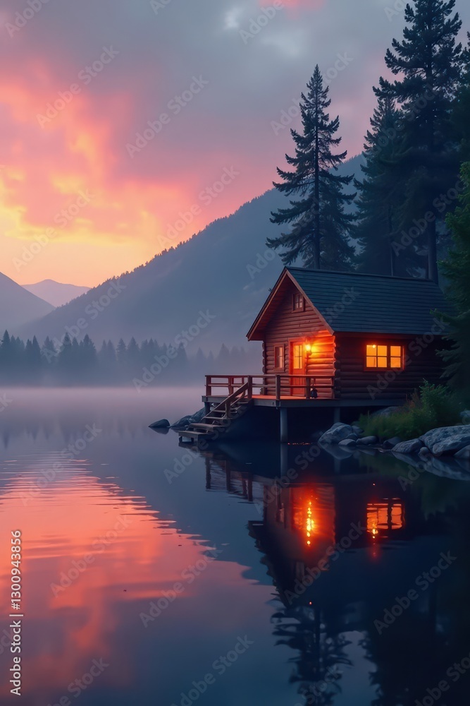 Warm lamplight glows on lakeside cabin at dawn, mist rising , home, glow, calm Warm lamplight glows on lakeside cabin at dawn, mist rising , home, glow, calm