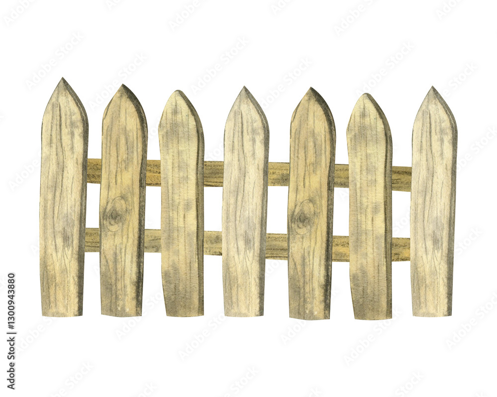 Fototapeta premium Plank wooden fence. Watercolor illustration, hand drawn on isolated background. For decor, design, printing, polygraphy