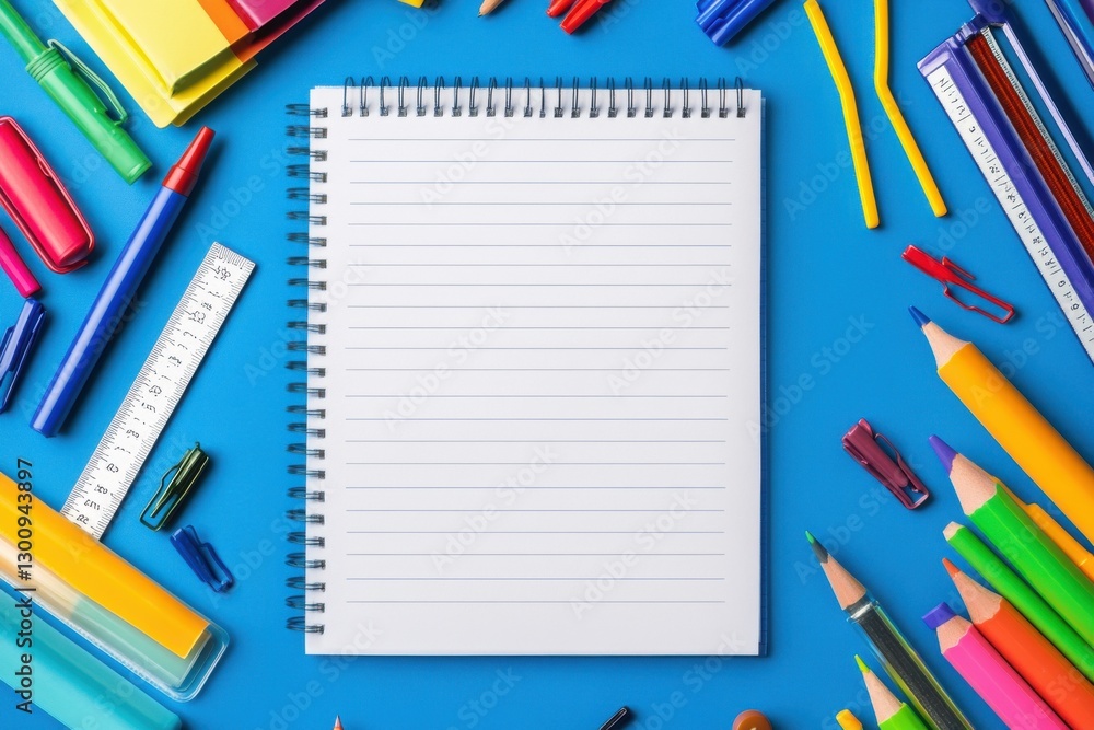 A notebook with a blue cover sits on a table with a variety of colorful pens, pencils, and rulers. The notebook is empty, and the table is covered with a rainbow of writing utensils A notebook with a blue cover sits on a table with a variety of colorful pens, pencils, and rulers. The notebook is empty, and the table is covered with a rainbow of writing utensils