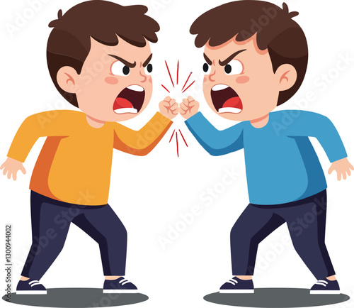 Two angry boys facing each other in a playful confrontation, wearing colorful shirts, flat design vector art