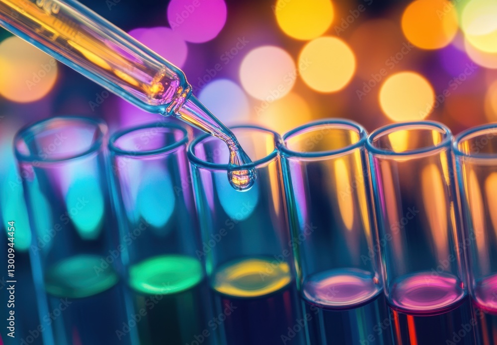 A series of test tubes are filled with different colored liquids, with a dropper being used to transfer a small amount of one of the liquids into the other tubes. The tubes are arranged in a row A series of test tubes are filled with different colored liquids, with a dropper being used to transfer a small amount of one of the liquids into the other tubes. The tubes are arranged in a row