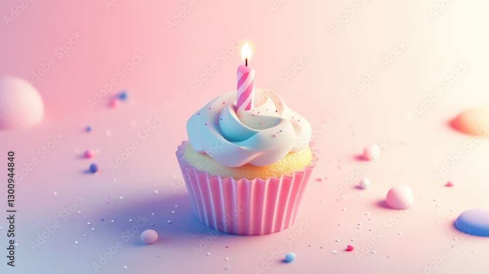 A cupcake with a lit candle on top of it. The cupcake is pink and white and is placed on a pink surface. The candle is lit and the cupcake is ready to be eaten A cupcake with a lit candle on top of it. The cupcake is pink and white and is placed on a pink surface. The candle is lit and the cupcake is ready to be eaten