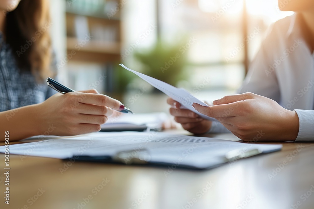 Office work. Paper review. Person holding document. Woman with pen. Sheet on desk. Business concept. Teamwork in progress. Office work. Paper review. Person holding document. Woman with pen. Sheet on desk. Business concept. Teamwork in progress.