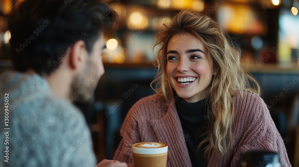 Cafe date. Smiling woman talking to friend while drinking coffee indoors. Happy people together. Cozy moments and light mood. Cafe date. Smiling woman talking to friend while drinking coffee indoors. Happy people together. Cozy moments and light mood.