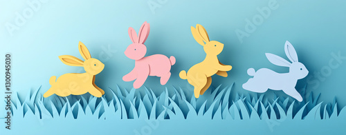 Happy Easter banner with paper cut-out, colorful rabbits jumping on a blue grass background, in a flat lay composition, with pastel colors and space for the text 