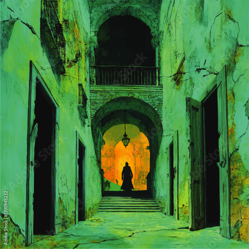 Atmospheric Vector Illustration of Mysterious Cloaked Figure in Vintage Urban Passageway with Eerie Lighting and Open Doors in Abandoned Building