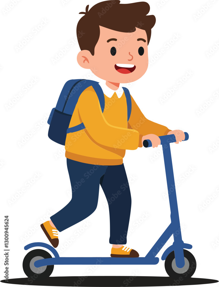 A cheerful boy riding a blue scooter with a backpack, showcasing a minimalistic and playful design style in vector illustration