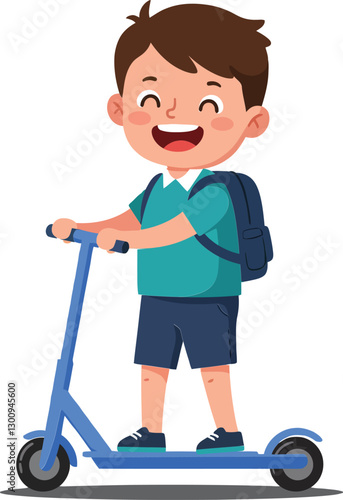 Happy young boy riding a blue scooter in a playful, colorful flat vector illustration showcasing joy and excitement in a fun outdoor setting