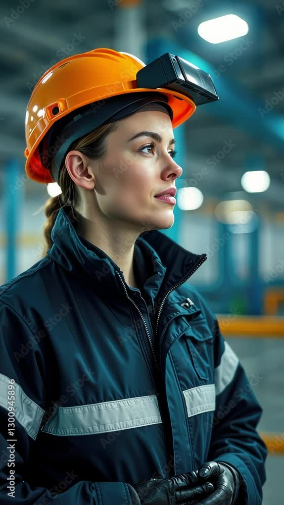 A determined female engineer in a hard hat and jacket surveys a bustling industrial setting. the lighting reflects a focused, professional atmosphere, capturing her expertise and dedication. A determined female engineer in a hard hat and jacket surveys a bustling industrial setting. the lighting reflects a focused, professional atmosphere, capturing her expertise and dedication.