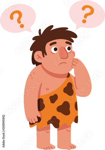 Curious caveman in a spotted loincloth pondering questions in a whimsical flat design vector illustration