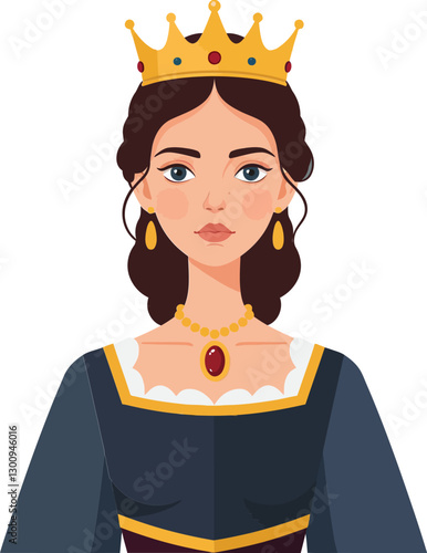 Elegant queen wearing a golden crown and royal attire in flat design vector art