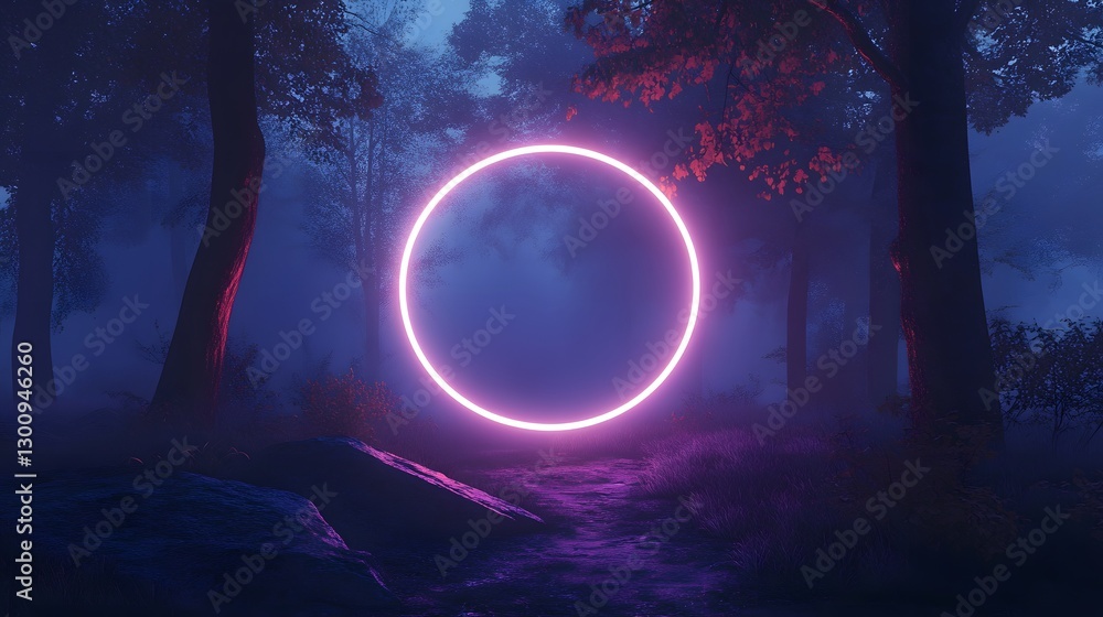 Fototapeta premium neon circle in a mystical forest at night