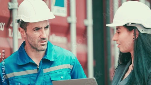 Two industrial professionals talking at a commercial port, reviewing freight documents against a backdrop of shipping containers. Export and import business concept.