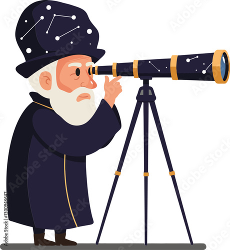 An elderly astronomer in a dark robe and starry hat observing the night sky through a telescope in a whimsical flat vector illustration